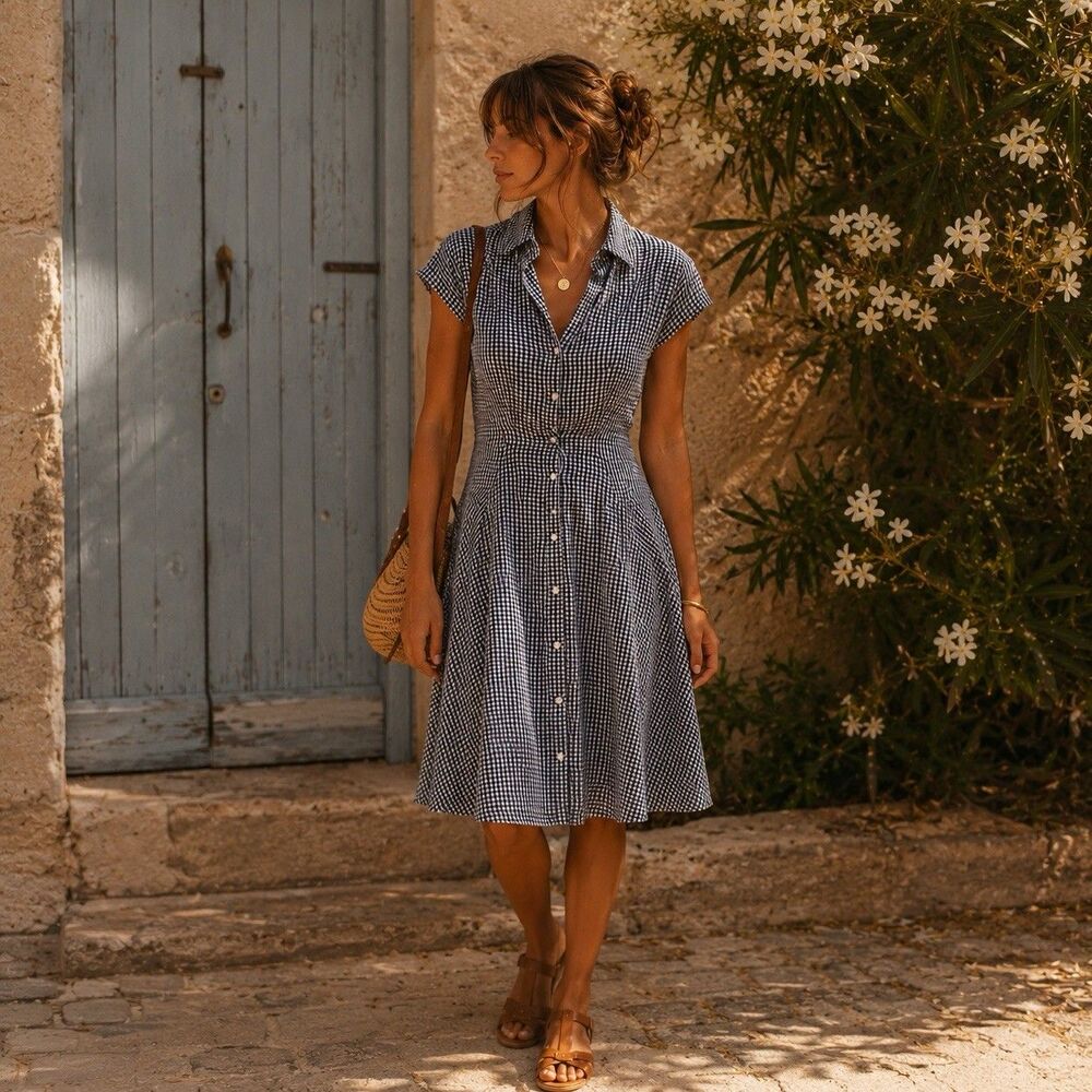PerSeption Concept Women’s  Blue Gingham Cotton Blend V Neck Dress S